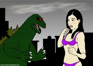 drawing giantess blushing city black_hair long_hair godzilla fighting outdoors j1ms1xeven