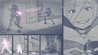 drawing comic monochrome shrinking grin shrunken_woman magic looking_at_tiny kononiko tales_of_berseria magilou velvet