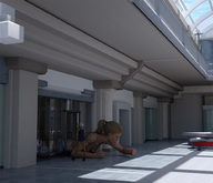 gentle giantess blonde long_hair clothed cleavage high_heels ponytail crawling mall runswithferrets door digital_render