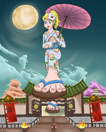 drawing giantess feet blonde color destruction blue_eyes toes mario princess_peach kimono sandals foot_crush nintendo wall parasol samurai giantwaifus super_mario_odyssey