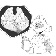 drawing vore furry anthro monochrome short_hair pigtails looking_down top no_background dessert penny_(ethan64) emmacat64