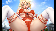 drawing giantess city blonde large_breasts green_eyes shrunken_man thighs tokyo_tower skimpy_clothing gijinka between_breasts