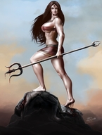 drawing giantess feet large_breasts barefoot blood gore foot_crush warrior skimpy_clothing trident bodyscissorfan