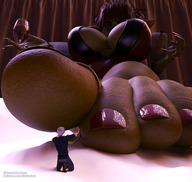blue_eyes toes barefoot huge_breasts sitting looming shrunken_man chain indoors toe_ring nail_polish commission jetslasher goblin wine_glass imminent_crush looking_at_tiny digital_render lassic