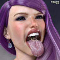 vore tongue mouth teeth saliva purple_hair face shrunken_man spawngts earrings digital_render