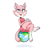 drawing giantess panties furry earth giga cat anthro upskirt large_breasts clothed planet barefoot smiling unknown_artist sitting fangs legs_crossed no_background sitting_on_planet pink_skin shima_luan