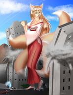 drawing giantess city large_breasts long_hair destruction cleavage fox_ears fox_tail red_hair unknown_artist walking outdoors multiple_tails shrine_maiden cysh_aizen