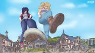 breasts drawing giantess crush blonde color long_hair destruction shoes low_angle medieval boots foot_crush village fanart giantesses sky voluptuous point_of_view converse sector316 saturn_seven squashed123