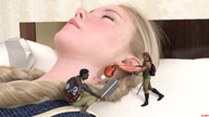 sleeping blonde long_hair bed lying_down shrunken_woman shrunken_man dark_skin indoors earrings drcreep stealing
