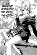 manga monochrome large_breasts between_legs looking_down anne dialogue covering_breasts food_wars shokugeki_no_souma erina_nakiri urara_kawashima