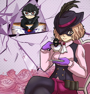 drawing black_hair clothed red_eyes brunette smiling gloves short_hair sitting shrunken_man mask chair hat teacup xxxgoom persona_5 haru_okumura joker_(persona) ren_amamiya
