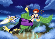 drawing giantess wings mega color spaceship red_hair harpy talons vic_viper yu-gi-oh! micwhyss harpie_lady ojama_yellow konami
