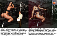 collage butt butt_crush domination shrunken_man weights underneath sneakers pinned thighs looking_at_viewer dialogue squeezemeflat looking_at_victim gym towel_boy