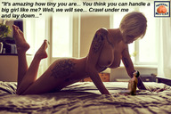 breasts collage blonde barefoot bed short_hair shrunken_man tattoo dialogue squeezemeflat looking_at_tiny