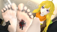 feet blonde barefoot blood purple_eyes shrunken_men foot_crush stink digital_render stuck_on_sole rwby yang_xiao_long polyphius