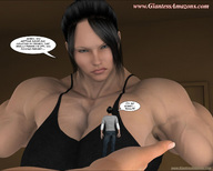 black_hair long_hair handheld huge_breasts angry muscles shrunken_man looking_down ilayhu indoors top dialogue digital_render