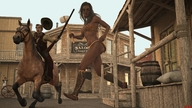 breasts giantess mega long_hair bra brunette horse boots tribal dark_skin outdoors shotgun running_away wild_west chasing hammer cowboy native_american drcreep skimpy_clothing
