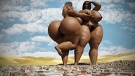 giantess nude city black_hair long_hair destruction barefoot pubic_hair huge_breasts brunette bbw giantesses outdoors big_butt thick_thighs digital_render dinner-kun