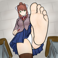 drawing panties feet color barefoot green_eyes brunette uniform looking_down point_of_view looking_at_viewer classroom raised_foot imminent_crush yamumil doki_doki_literature_club monika doki_doki_literature_club!
