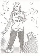 drawing giantess mega upskirt monochrome anime stockings low_angle nao android_18 point_of_view