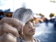white_hair angry short_hair shrunken_man between_fingers spawngts frowning pinched digital_render