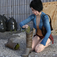 black_hair skirt short_hair boots unknown_artist kneeling shrunken_woman looking_down outdoors purse stinky jacket digital_render discarded_footwear