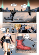 breasts drawing growth giantess feet city large_breasts clothed tifa_lockhart brunette final_fantasy final_fantasy_7 shrunken_man boot fleeing thighs cloud_strife skimpy_clothing doujinsak