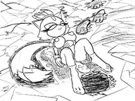 drawing giantess nude giga city monochrome large_breasts cum destruction lying_down lactation outdoors closed_eyes blaze_the_cat general_godzilla