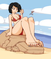 bikini drawing black_hair color large_breasts handheld toes barefoot cleavage soles red_eyes short_hair shrunken_man looking_down inside_mouth pinned under_foot jj-psychotic smite bellona