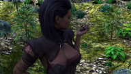 black_hair large_breasts long_hair handheld looking_down dark_skin outdoors necklace in_palm skimpy_clothing digital_render mundo