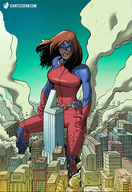 breasts drawing giantess city mega color destruction rampage brunette gloves boots skyscraper mask dark_skin metropolis costume goggles belt giantessfan jumpsuit atom dc_comics skintight_clothing the_daily_planet atomica lexcorp