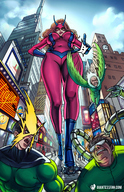 breasts drawing giantess city mega color large_breasts brunette superhero gloves boots foot_crush walking running bodysuit mask costume looking_back giant_girl new_york_city giantessfan hands_on_hips flicking rhino janet_van_dyne spider-man antennae marvel_comics doctor_octopus vulture electro
