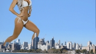 bikini giantess white_hair collage city mega long_hair cleavage legs sunny stretching new_york_city hands_on_hips captain_rand