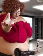 pubic_hair glasses huge_breasts angry brunette bbw medium_length_hair shrunken_man looking_down red_nails nail_polish spawngts sex_toy digital_render