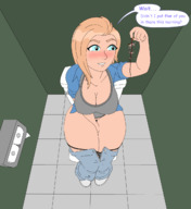drawing blonde color large_breasts blue_eyes cleavage story sitting toilet dangle screeeow thick_thighs looking_at_tiny