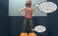 blonde clothed domination story sitting shrunken_man standing dialogue hands_on_hips locker_room gym digital_render aaabbbzzz