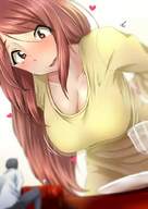 breasts drawing giantess color large_breasts long_hair cleavage brunette love pink_eyes heart shrunken_man towering looking_at_tiny mejiro