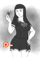 drawing giantess crush monochrome long_hair handheld skirt blood smiling gore cruel student winking spokle ai_tanaka