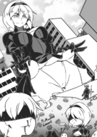 breasts drawing giantess panties city upskirt monochrome low_angle nosebleed leotard daydreaming lucky_b 2b 9s perverted_thought