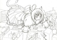 drawing giantess mega monochrome anime nao short_hair unknown_artist kneeling cat_girl