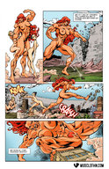 breasts drawing nipples giantess nude pussy blonde comic black_hair color long_hair destruction barefoot pubic_hair multiple_sizes story red_hair foot_crush muscles lesbians giantesses castle_wall musclefan