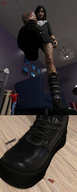 crush feet black_hair long_hair blood low_angle boots foot_crush fishnets shrunken_man looking_down goth shoe_crush digital_render