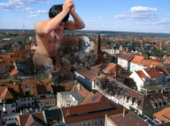 collage nude city black_hair destruction giant male short_hair looking_down outdoors arms_raised