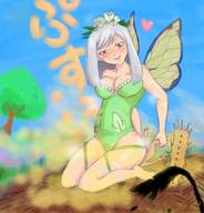 drawing giantess white_hair blushing wings color large_breasts long_hair cleavage butt_crush fairy smiling unknown_artist sitting fart heart looking_down pinned skimpy_clothing butterfly_wings