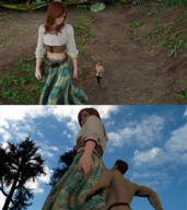 gentle long_hair clothed red_hair dress navel walking running shrunken_man trees digital_render mundo bare_midriff