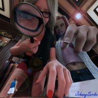 blonde long_hair glasses red_hair shrunken_man looking_down looking_up indoors magnifying_glass pointing digital_render johnnyscribe