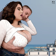 drawing giantess long_hair giant male bra huge_breasts brunette couple looking_down outdoors pandoza roof groping cupping_breasts