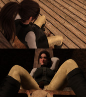 long_hair clothed brunette ponytail boots sitting legs shrunken_man looking_down digital_render mundo tunic