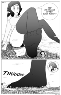 drawing giantess panties blushing city mega comic monochrome large_breasts destruction clothed butt_crush socks short_hair sitting foot_crush looking_down thigh_highs dialogue iori_rinko gundam_build_fighters iori_sei catart18