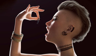 vore mouth short_hair hand shrunken_man open_mouth dangle fingers between_fingers manicure bracelet morsel looking_at_victim sorenzer0 digital_render